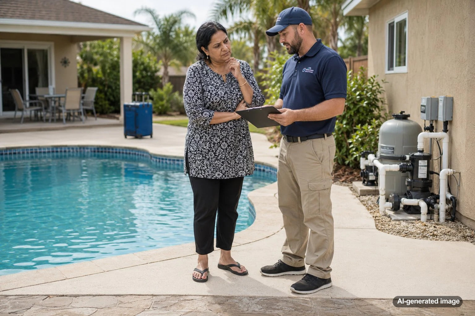 Vacation home swimming pool with clear water and a homeowner checking the water level for possible leak detection