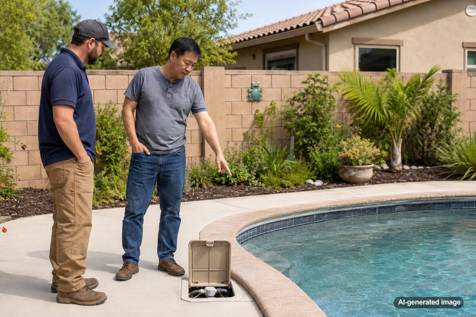 Homeowner checking a backyard swimming pool auto-fill system while troubleshooting hidden water loss