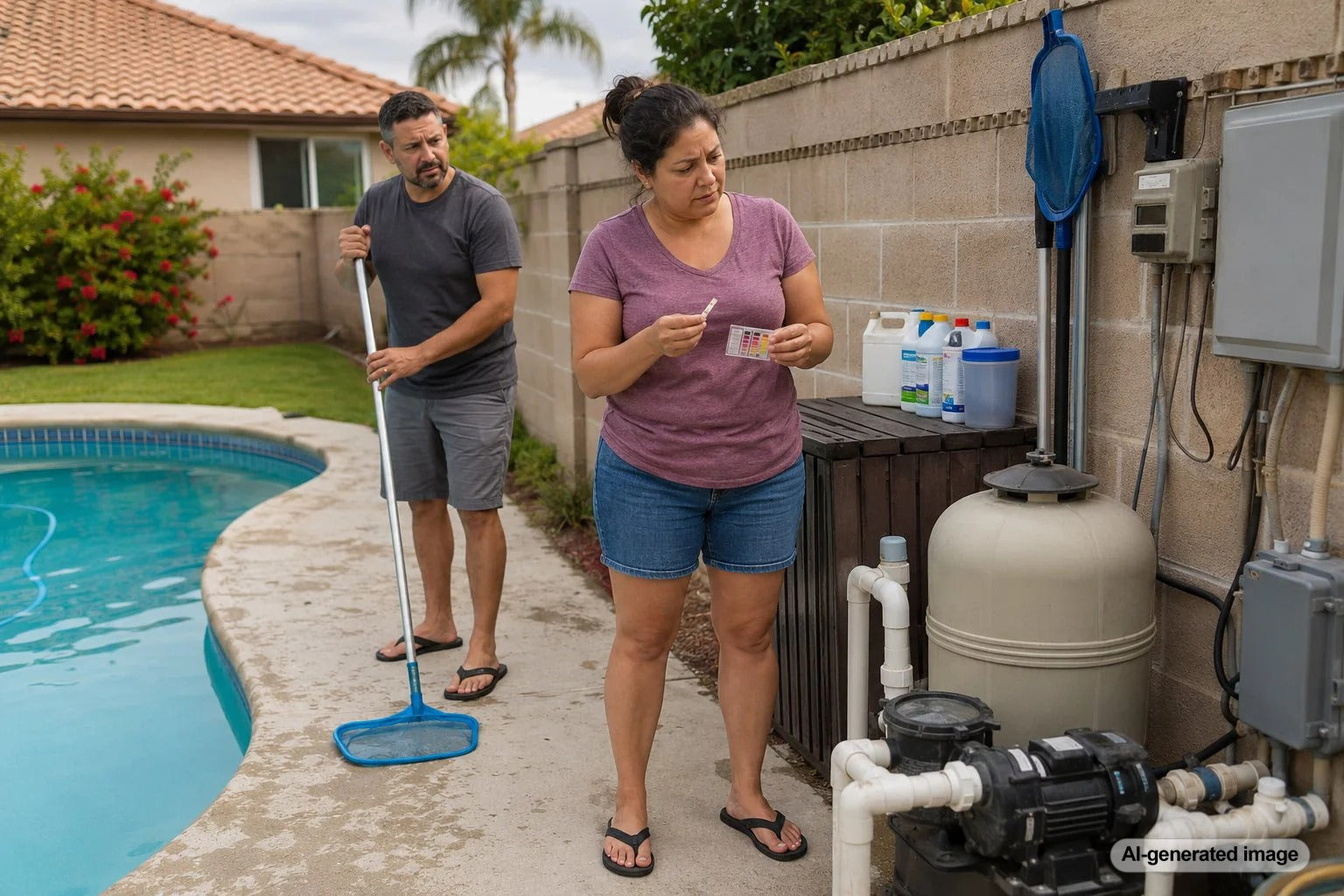 New pool owner adjusting water chemistry and testing pool water during first year maintenance challenges