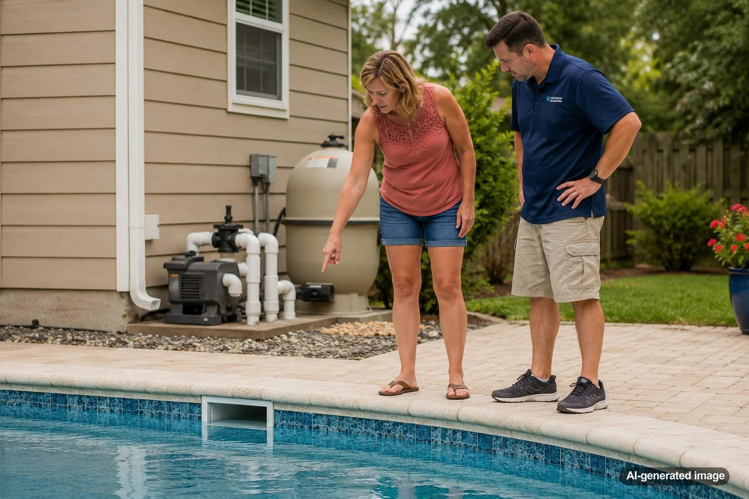 Pool owner checking water loss before deciding whether to replace pool equipment