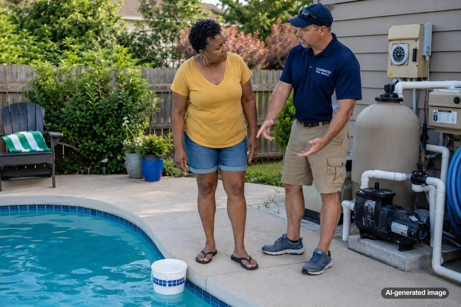 Pool owner checking normal swimming pool water loss rate and evaporation levels