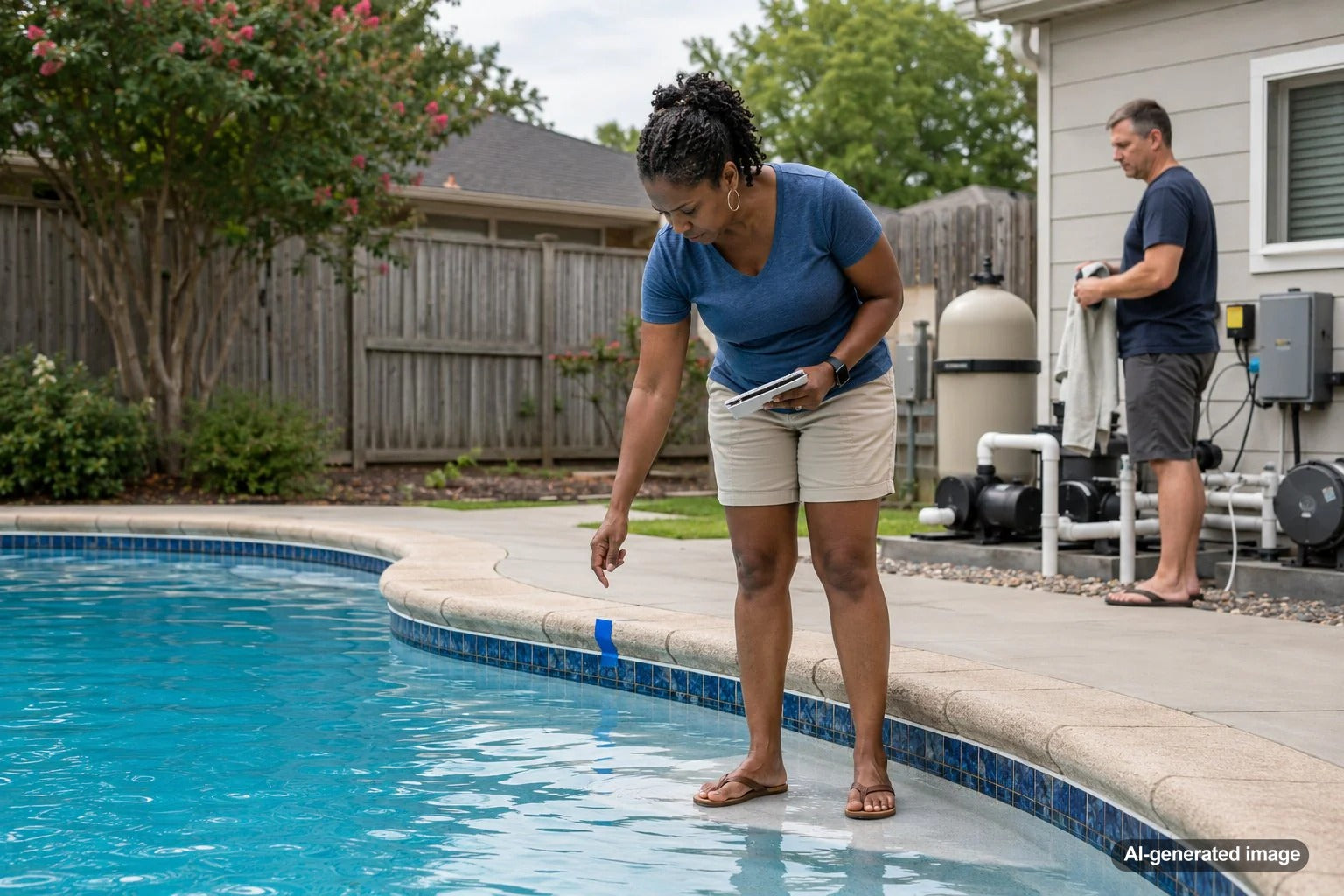 Pool owner comparing swimming pool water loss while the circulation pump is running and turned off