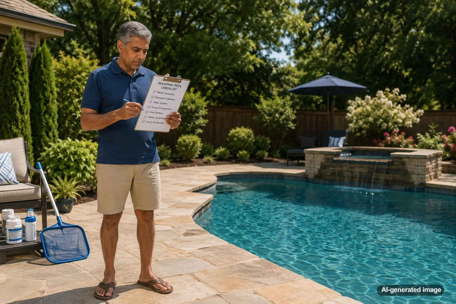 Pool owner using a seasonal checklist to make pool maintenance easier