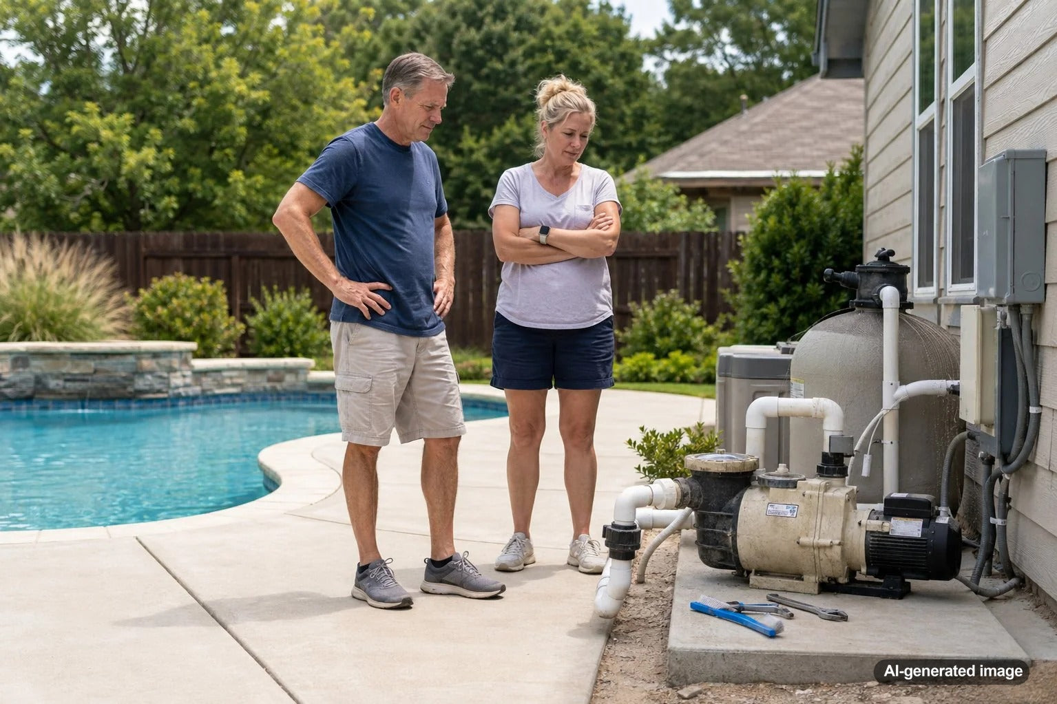 Pool equipment pad with a running swimming pool pump being checked for changing noise