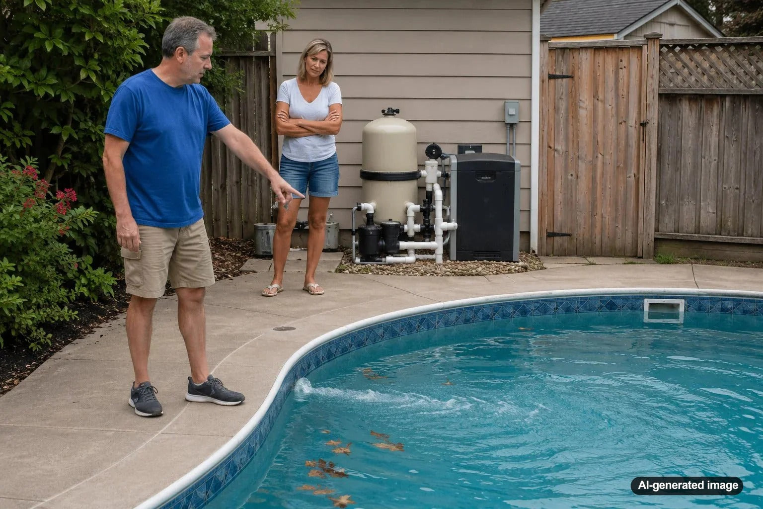 Clear backyard swimming pool with correctly aimed return jets creating smooth circulation near the water surface