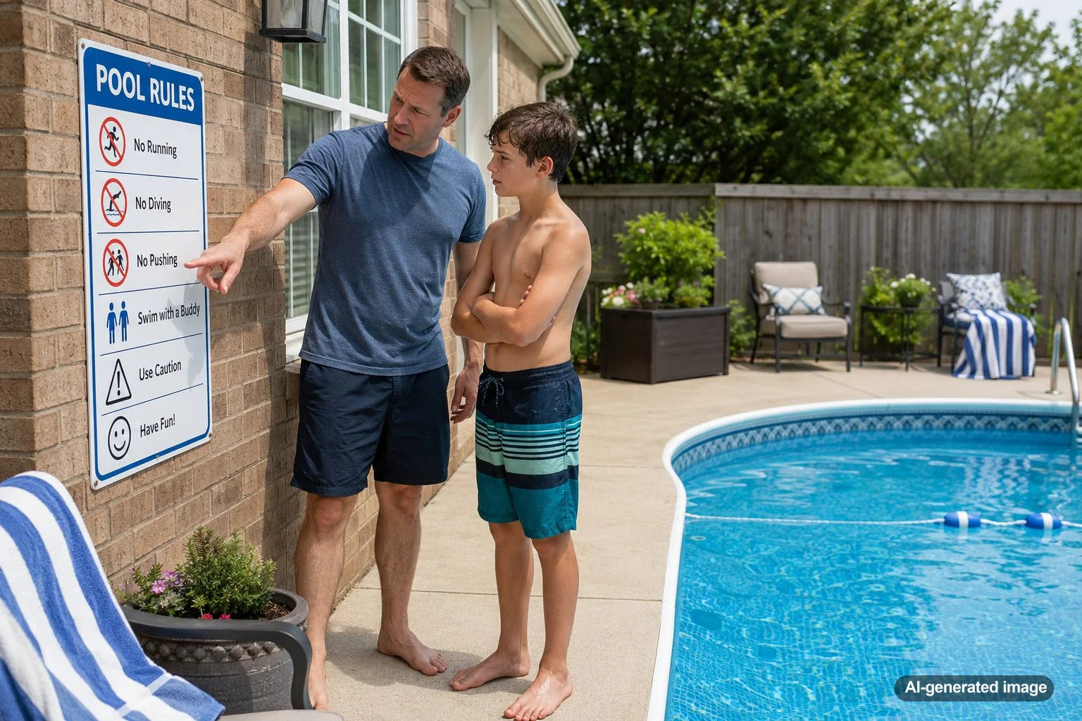 Family enjoying a backyard swimming pool while following clear pool safety rules