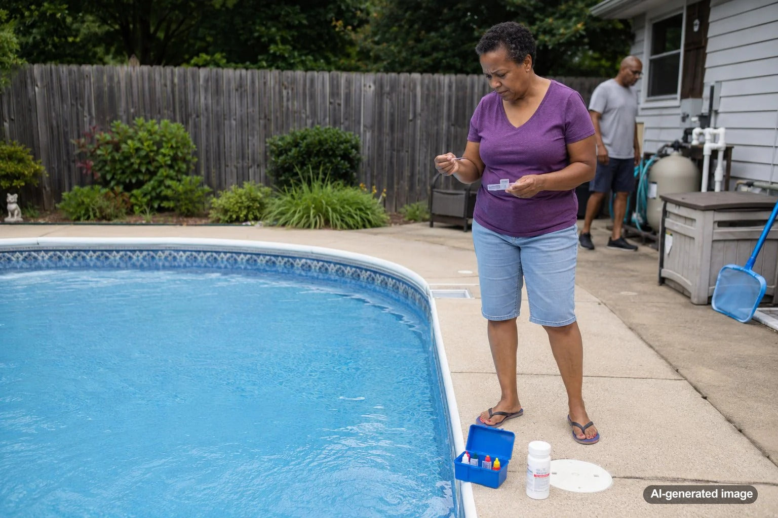 Saltwater pool owner checking pool water level and salt levels near a backyard swimming pool