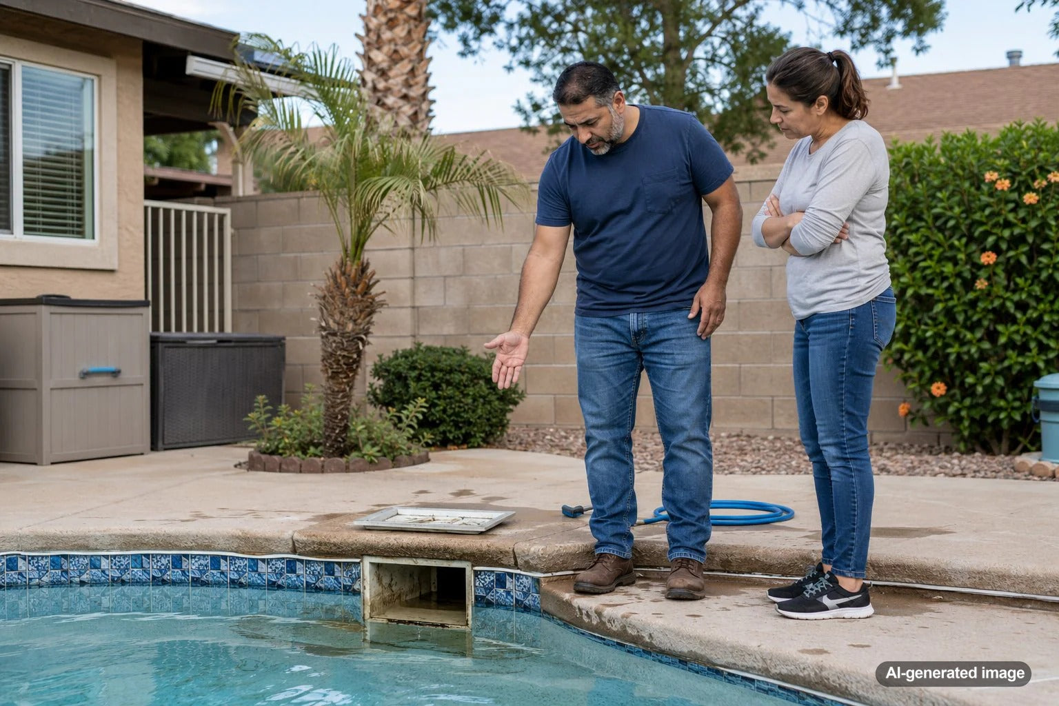 Older residential swimming pool skimmer being inspected for cracks and water leaks