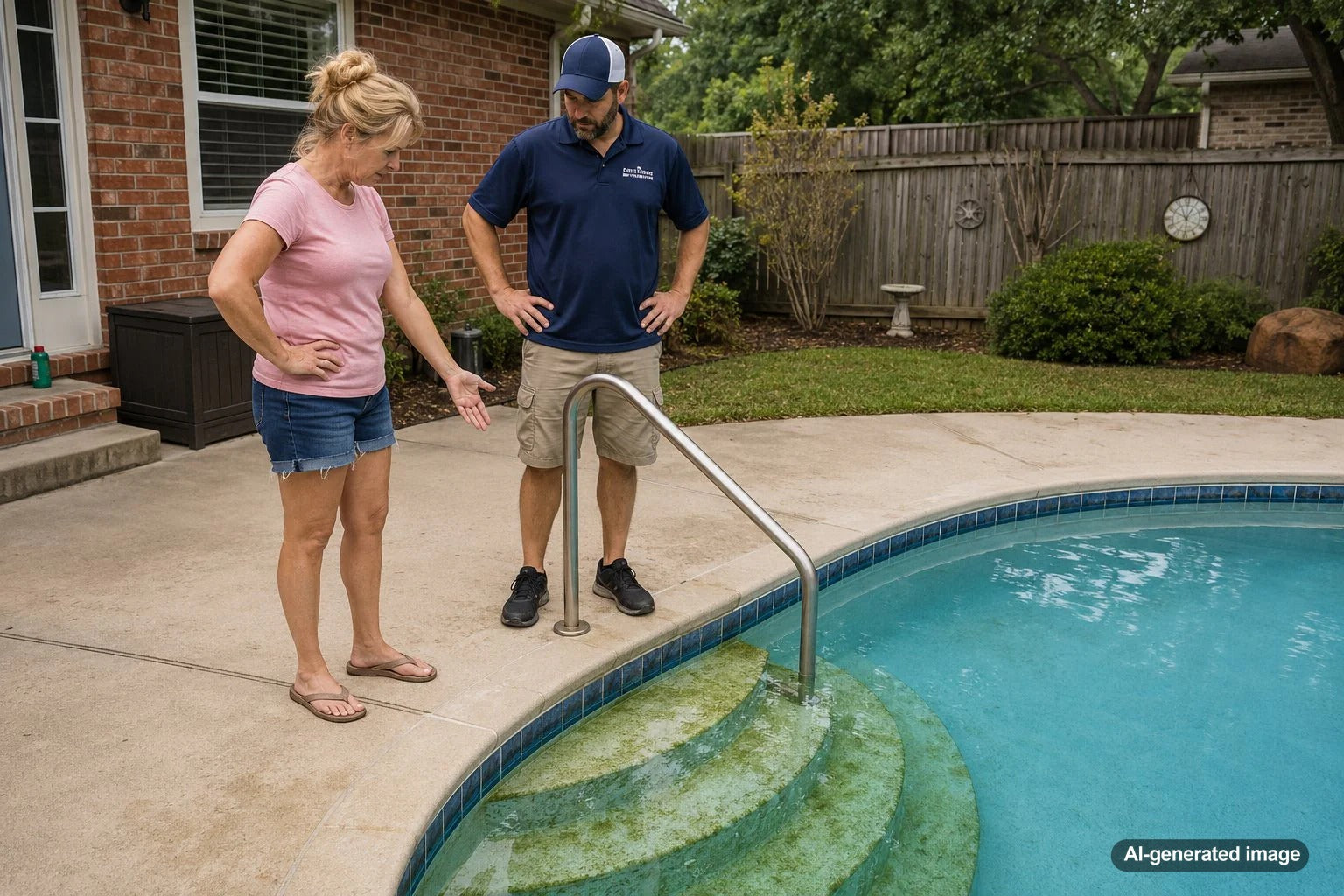 Pool steps under clear blue water showing a slippery buildup risk that homeowners should clean and monitor