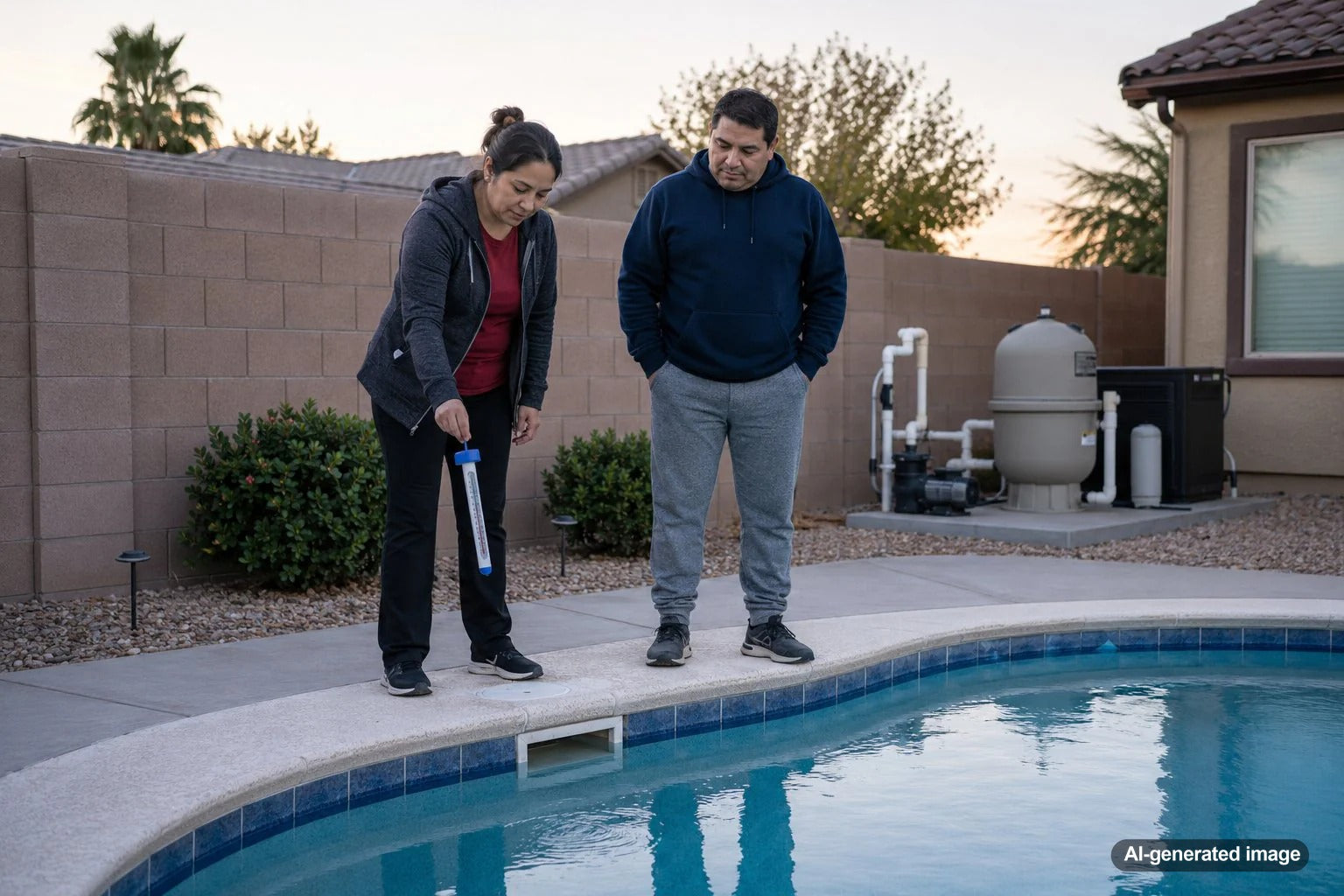 Swimming pool at night showing how cooler air, wind, and evaporation can cause overnight pool temperature loss