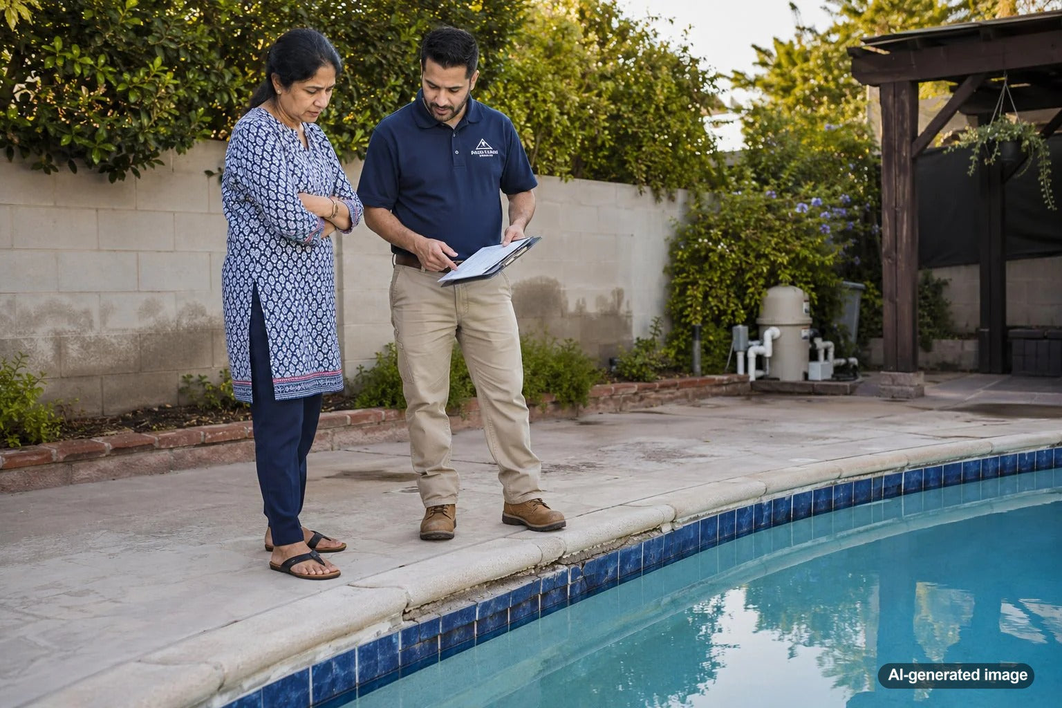 Cracked pool tile line near the water level showing a possible source of hidden pool water loss