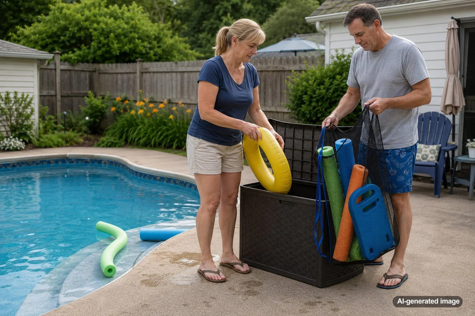 Pool toys floating in a backyard swimming pool showing hidden safety risks for homeowners