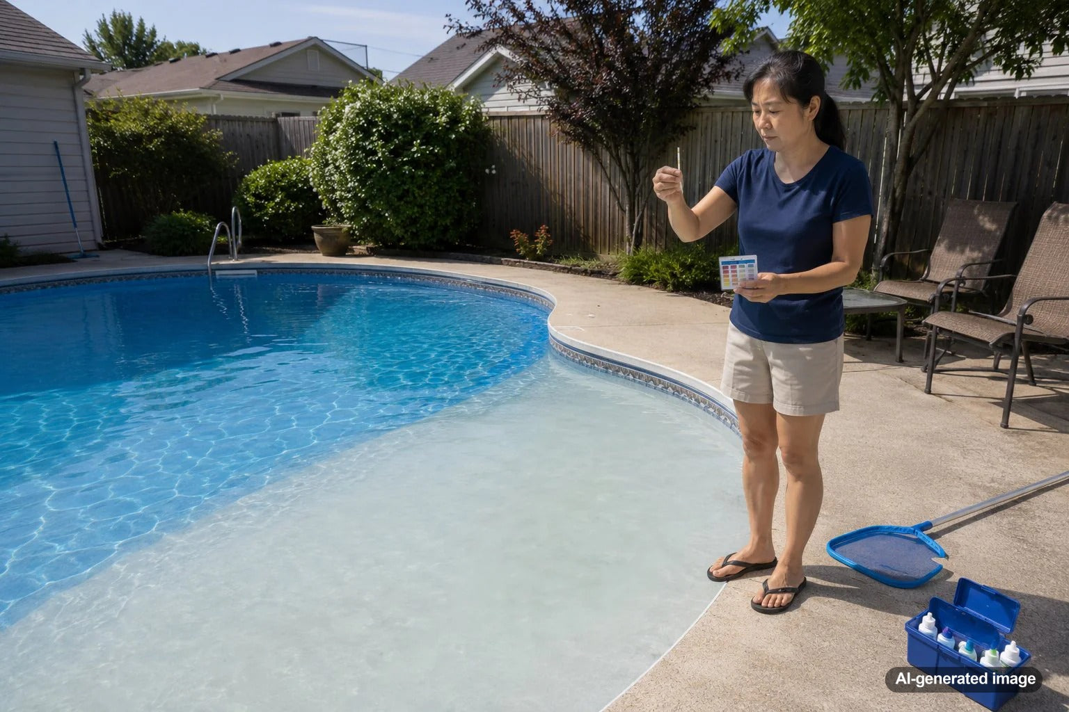 Backyard swimming pool showing blue deep water and hazy shallow water for pool clarity troubleshooting