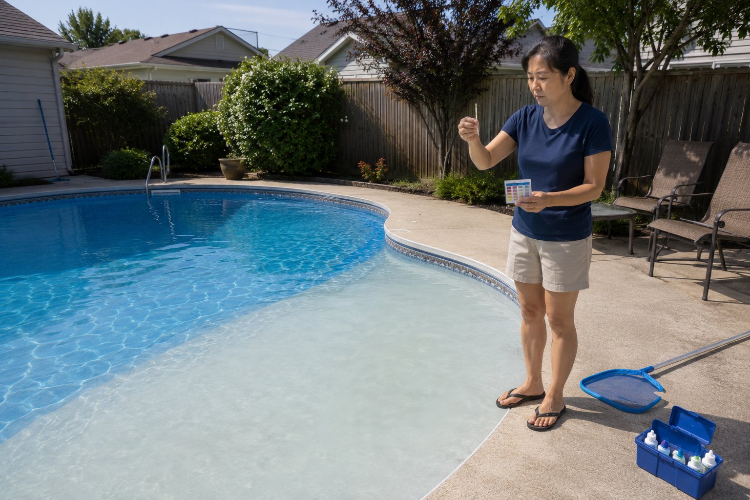 Backyard swimming pool showing blue deep water and hazy shallow water for pool clarity troubleshooting