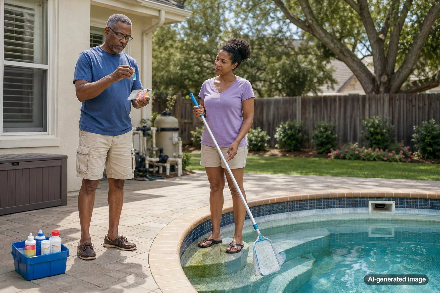 Pool water level and algae control concerns in a backyard swimming pool