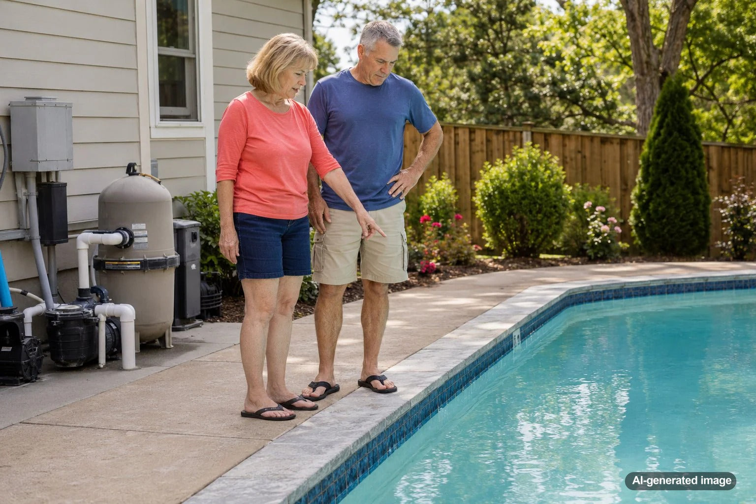 Residential swimming pool showing seasonal water loss between spring and summer