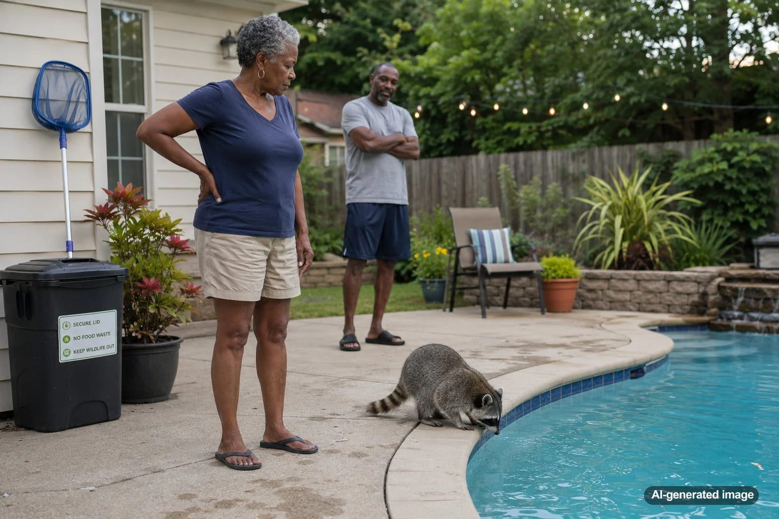 Raccoon near a backyard swimming pool at night with pool maintenance concerns