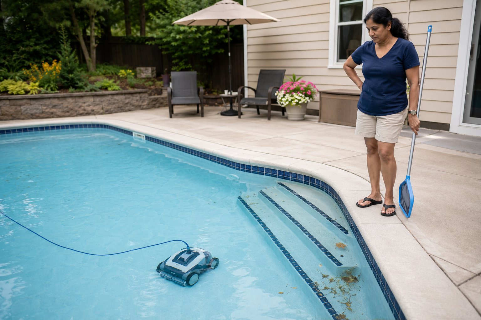 Robotic pool cleaner near pool steps and corners where debris often collects