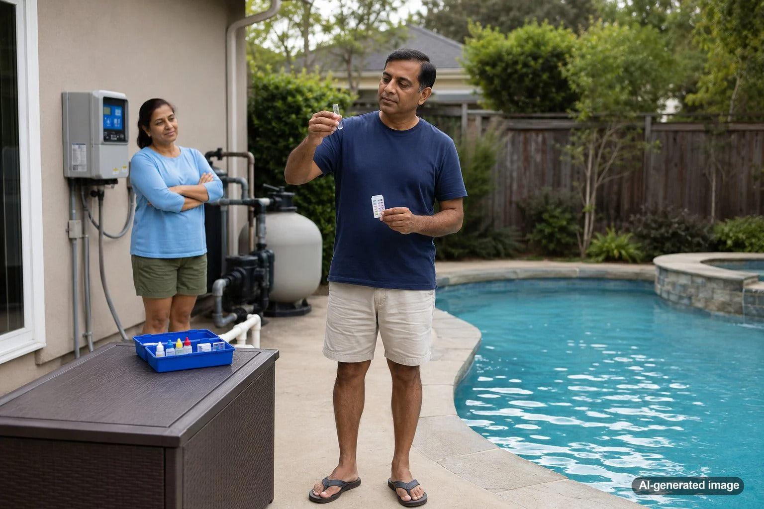 Saltwater pool owner testing chlorine levels to keep pool water clean and balanced
