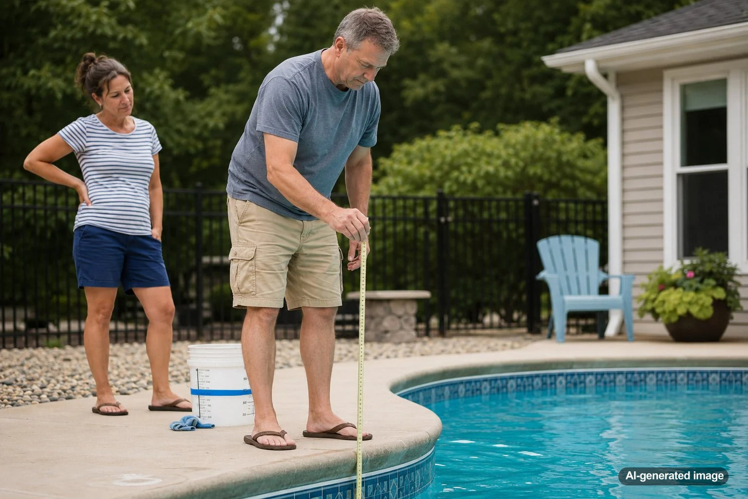 Seasonal home swimming pool with calm water showing why simple pool water loss checks help protect vacation properties