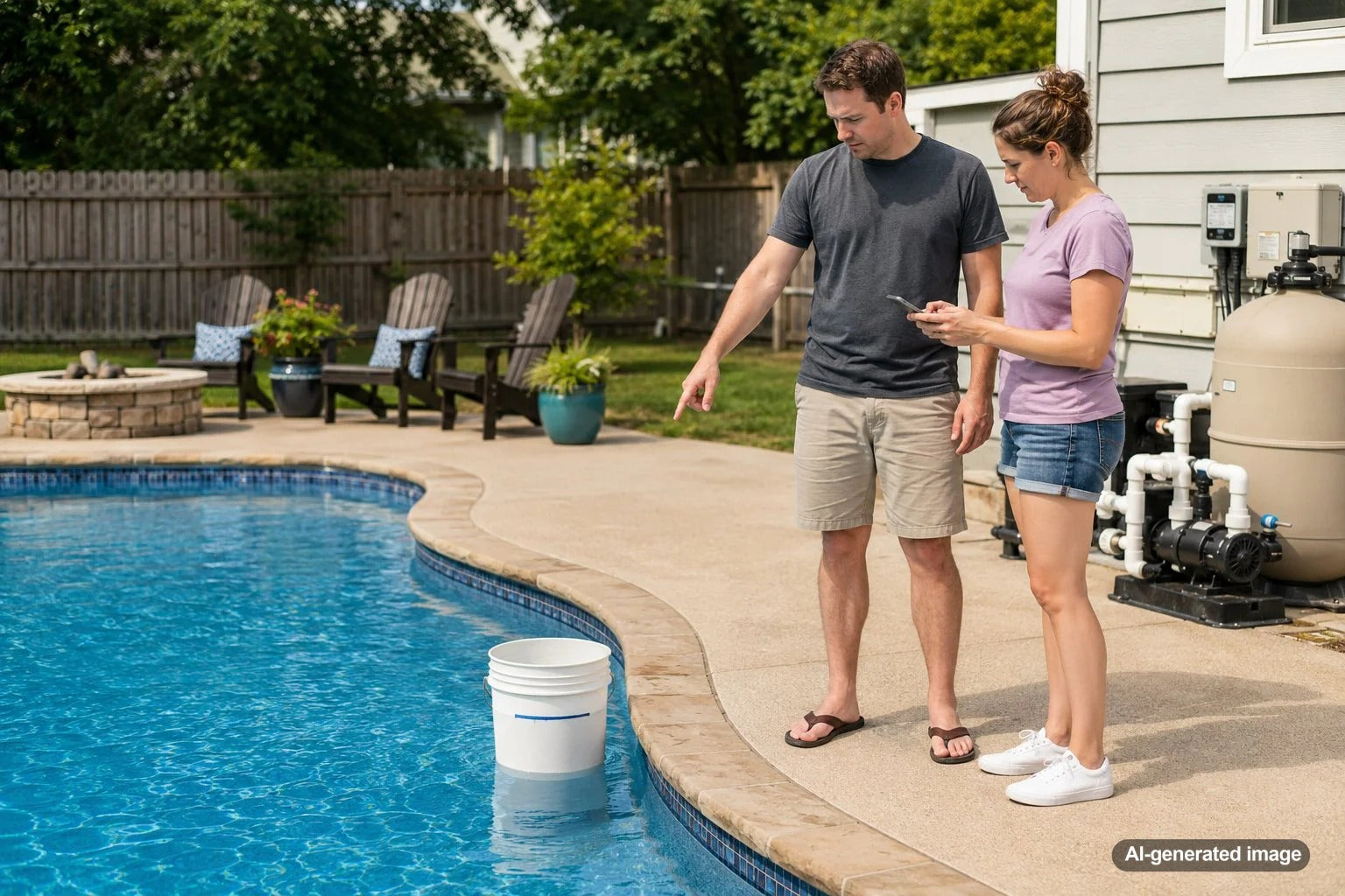 Homeowner checking swimming pool water level for possible leak or evaporation loss