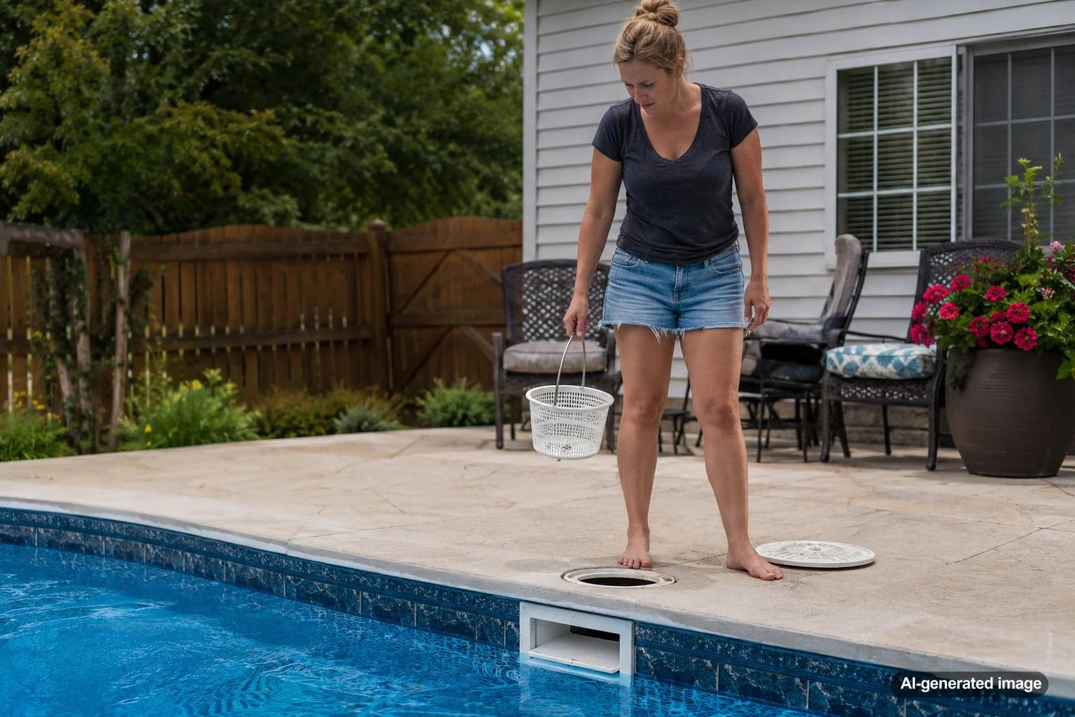Pool skimmer weir door helping surface water and debris flow into a swimming pool skimmer