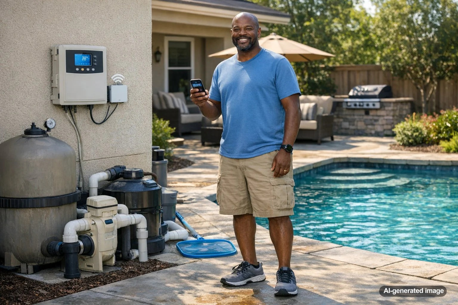 Smart pool controller interface showing modern pool automation for pumps, heaters, lights, and backyard pool equipment