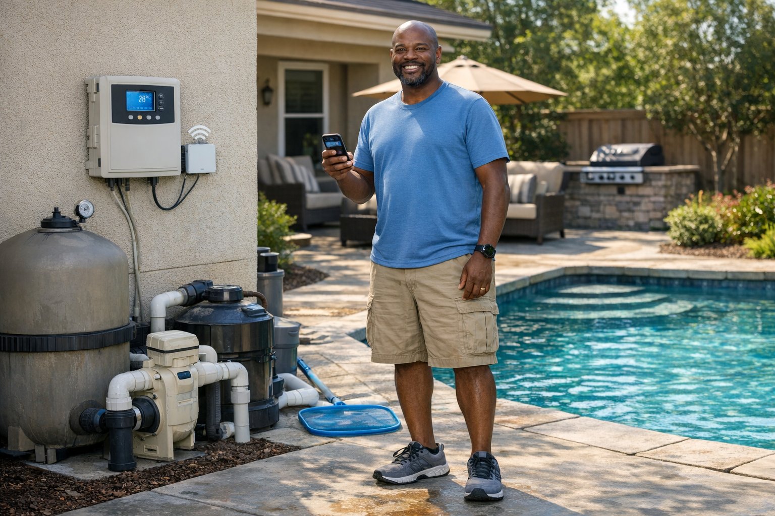 Smart pool controller interface showing modern pool automation for pumps, heaters, lights, and backyard pool equipment