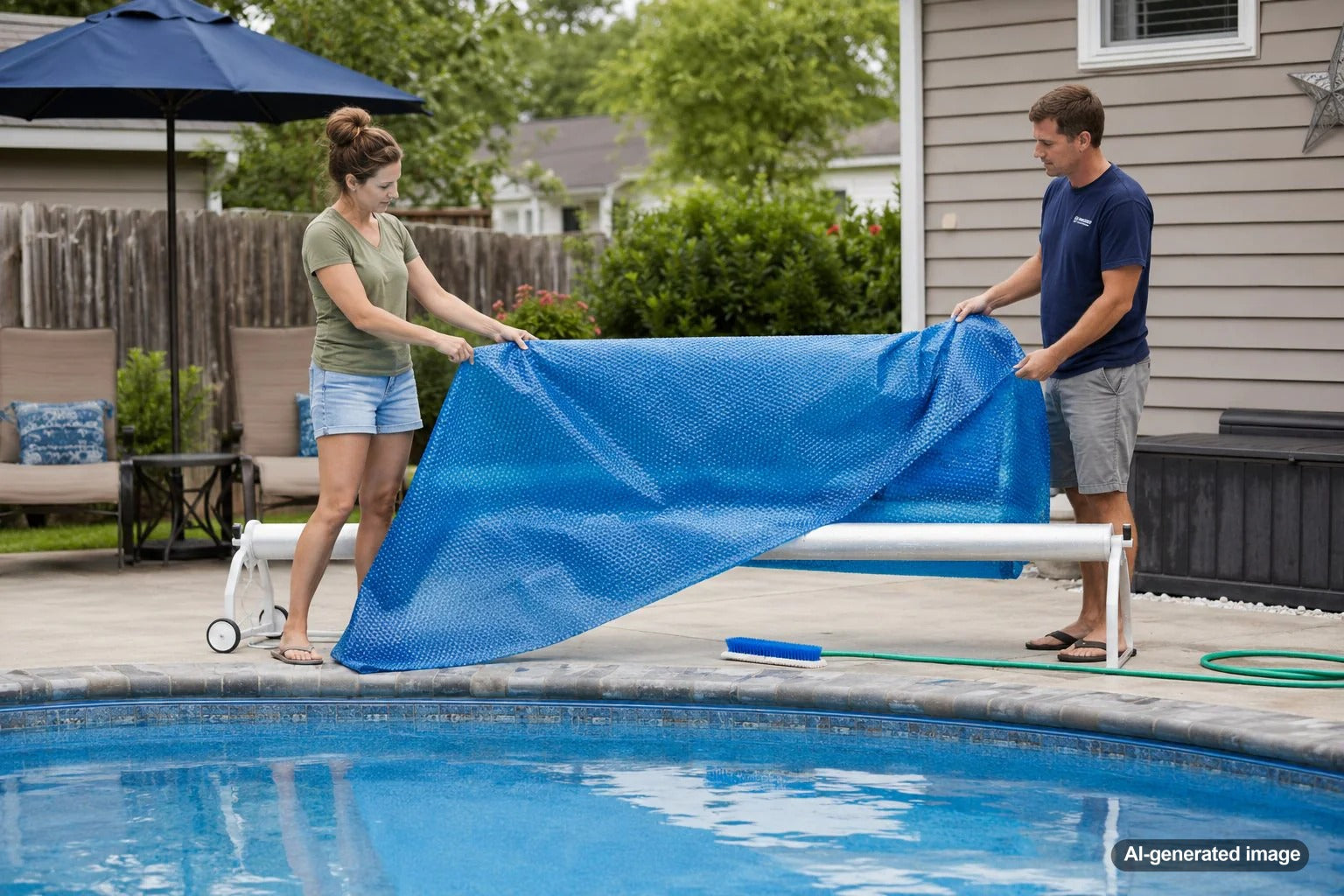 Solar pool cover on a backyard swimming pool showing why proper care helps protect the cover and reduce water loss