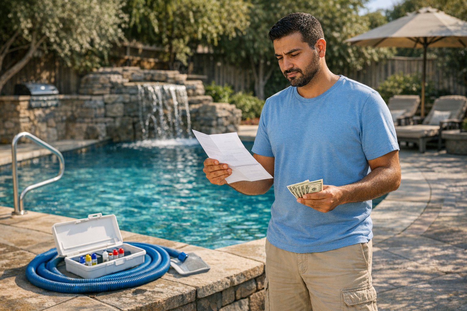 Homeowner reviewing pool construction payment paperwork before completion