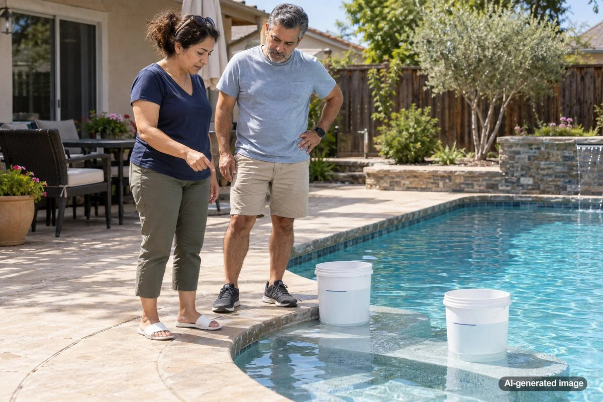 Pool bucket test setup used to compare evaporation and possible pool water loss