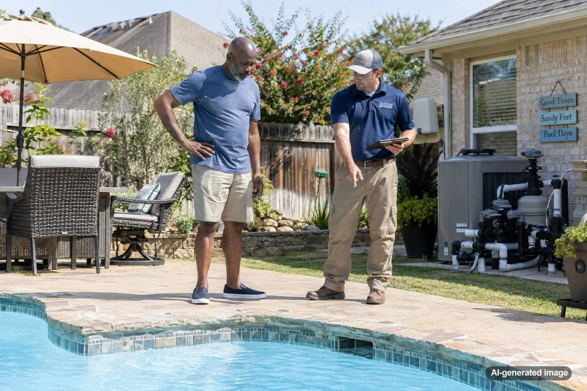 Backyard swimming pool with buried plumbing area illustrating why an underground pool leak may not create visible wet ground