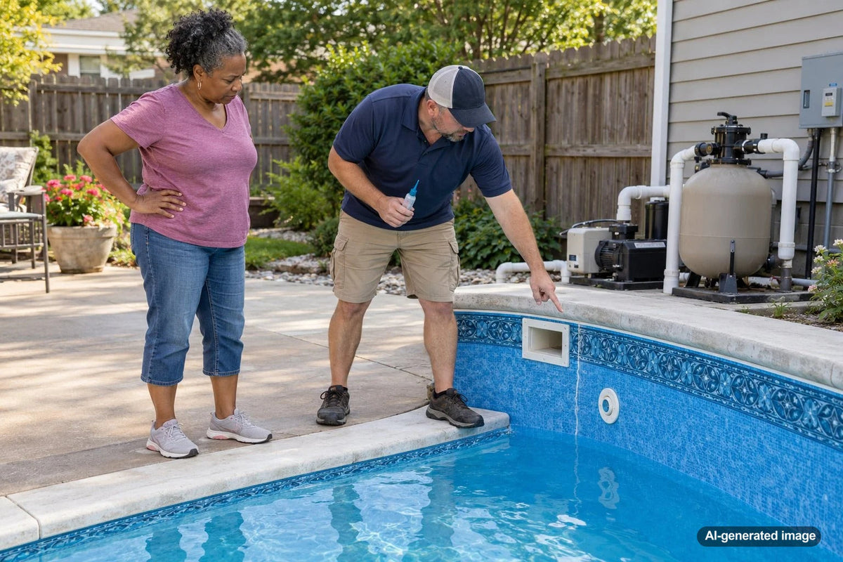 Vinyl liner swimming pool showing fittings and seams where hidden leaks can develop