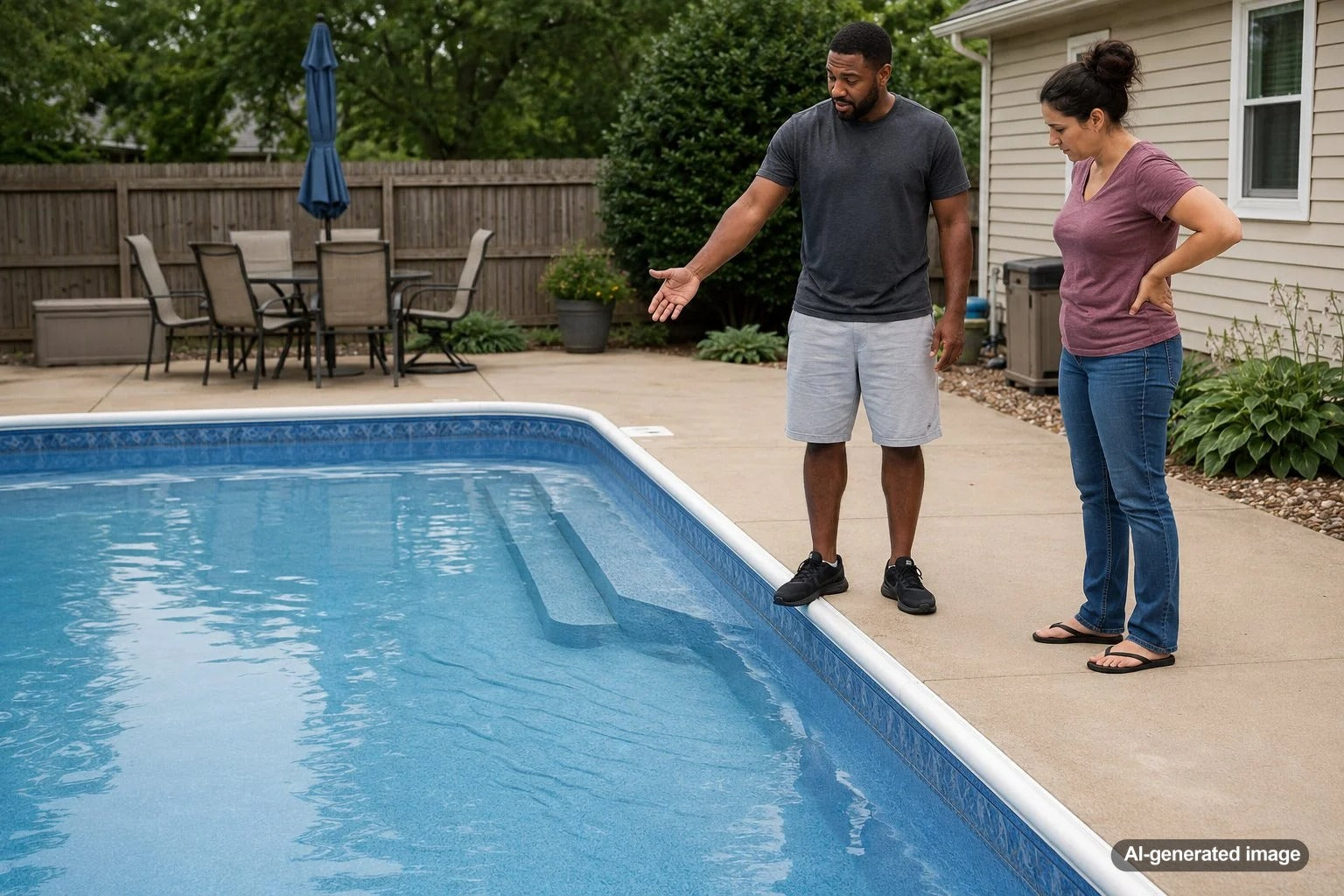 Close-up view of a vinyl pool liner with visible wrinkles showing a possible pool maintenance concern