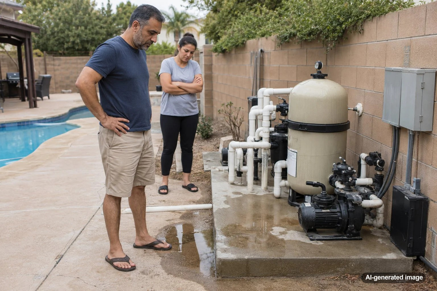 Wet spot near a residential pool equipment pad with pump, filter, and plumbing connections
