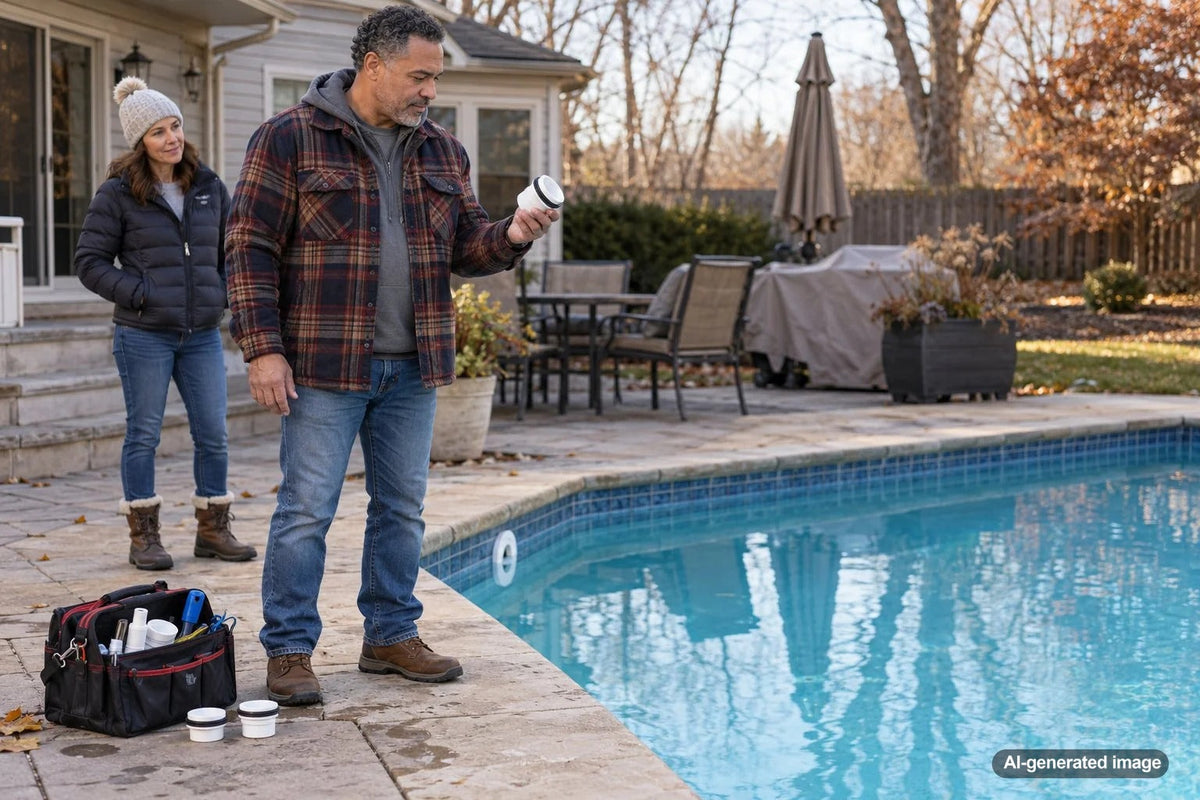 Pool winterizing plugs being inspected for a secure seal before freezing weather
