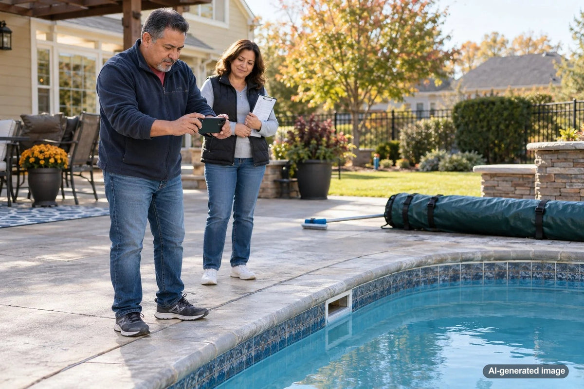 Pool owner photographing the swimming pool water level on closing day before winter