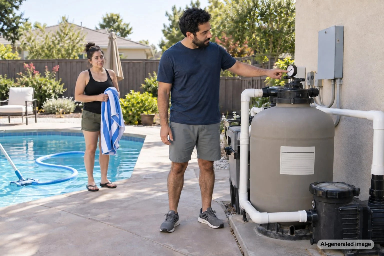 Residential pool filter equipment and pressure gauge used to monitor pressure after vacuuming