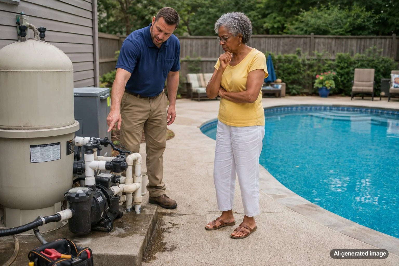 Clear backyard swimming pool water with signs of possible hidden pool leak and water loss