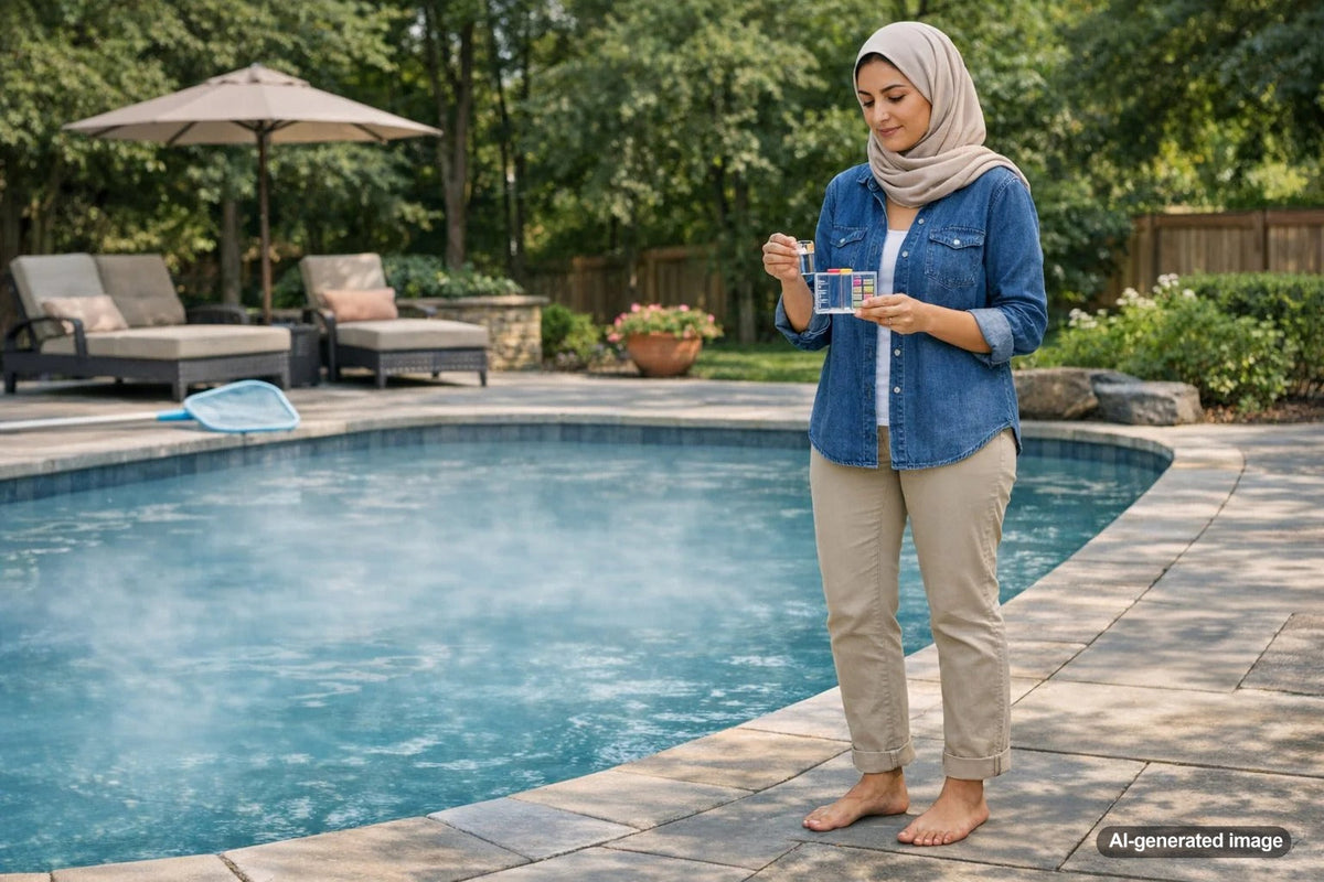 Cloudy swimming pool water showing hazy blue water despite balanced pool chemicals