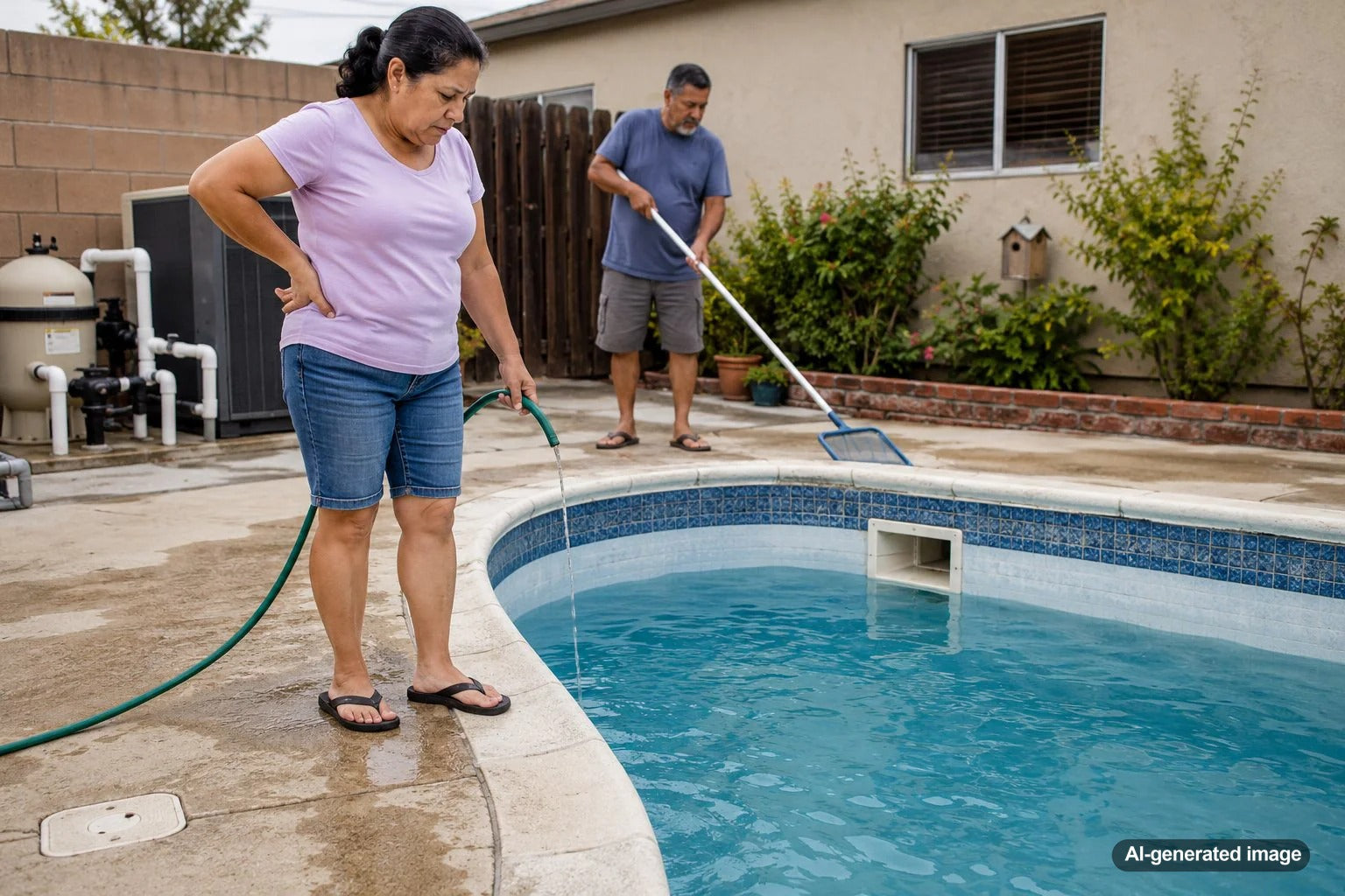 Residential swimming pool with the water level dropping below the skimmer opening
